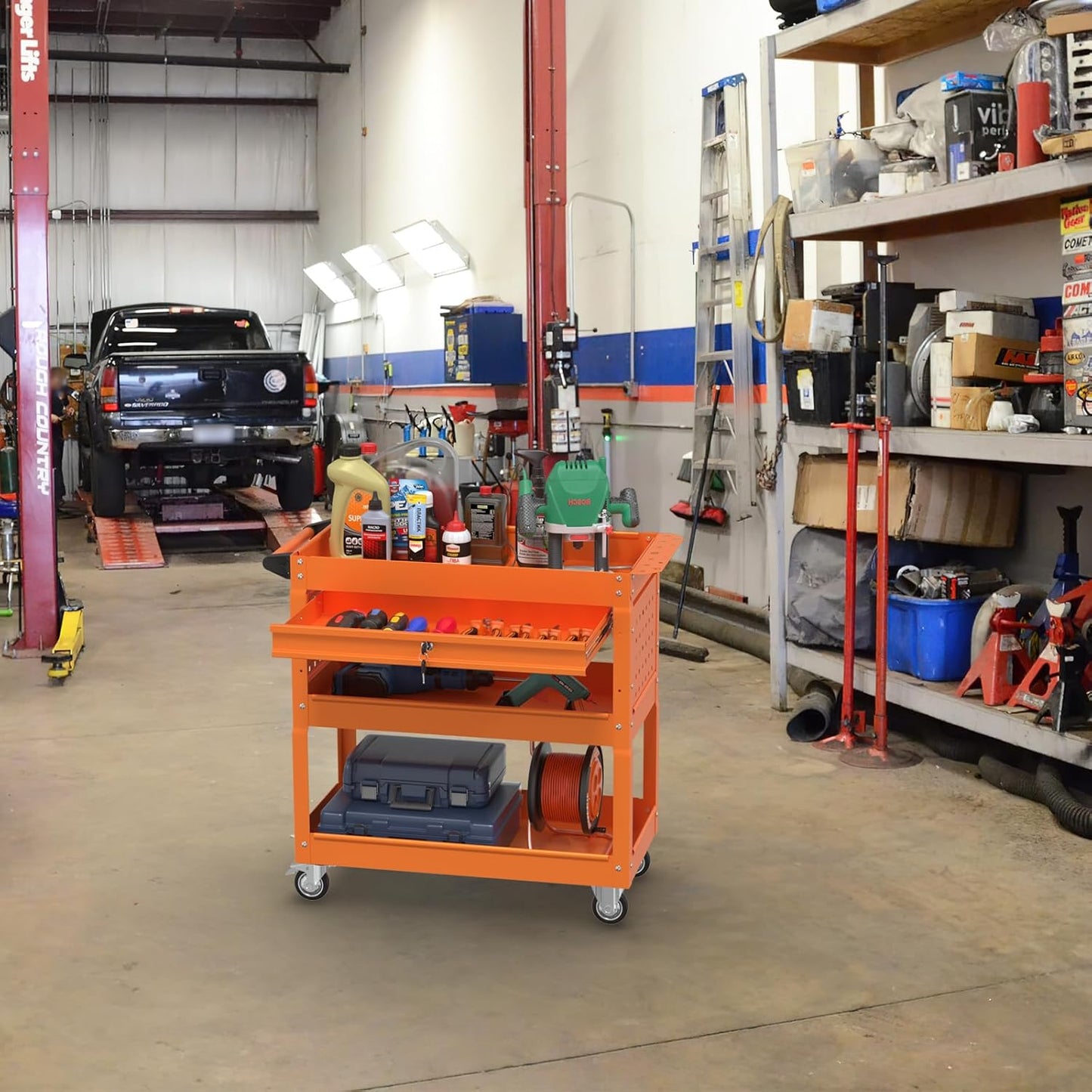 3 Tray Tool Cart with Drawers, 400 LBS Capacity Rolling Tool Carts on Wheels, Heavy Duty Utility Cart with Pegboard, Mechanic Tool Storage Cart for Garage, Warehouse and Repair Shop, Orange