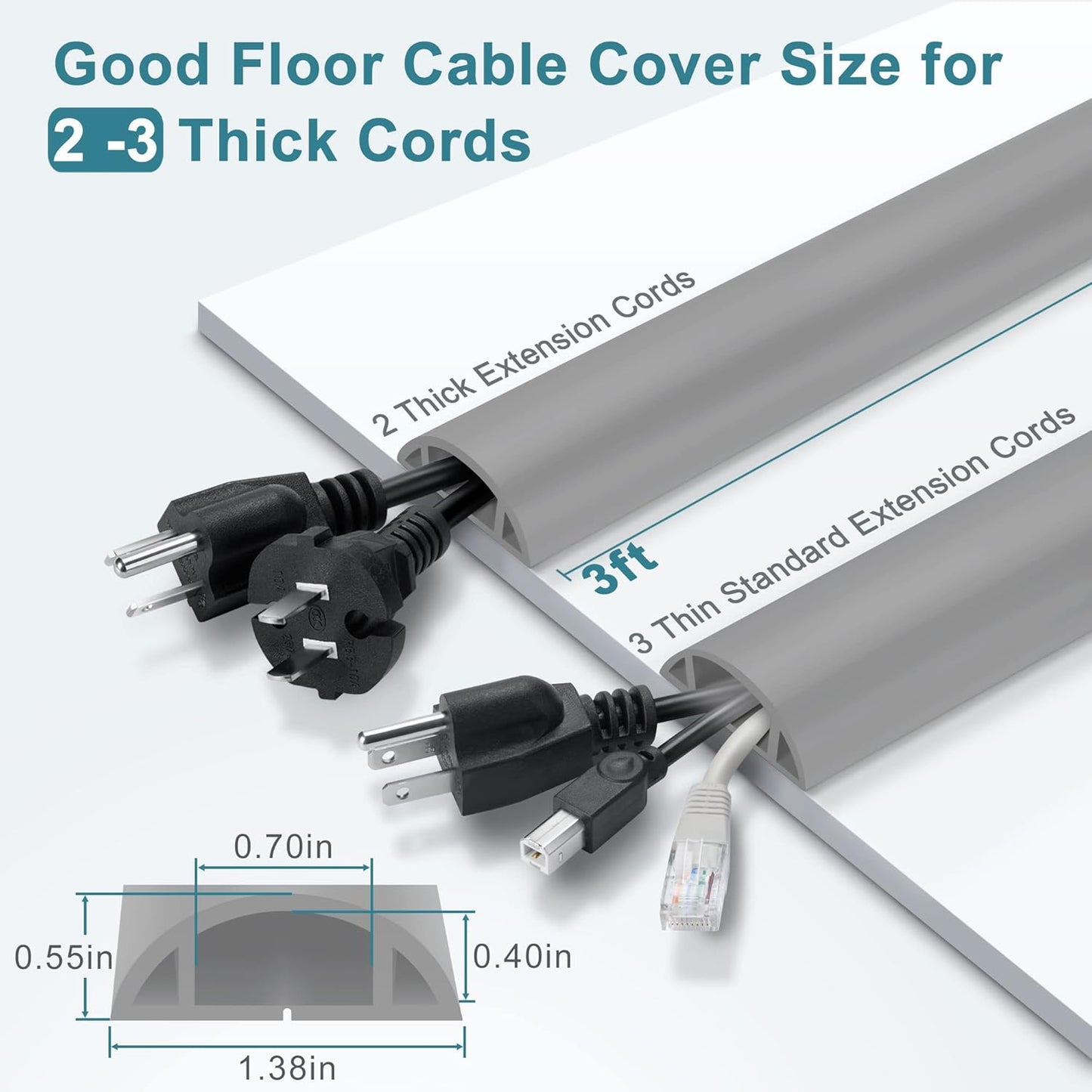 Cord Hider Floor, 3FT, Grey Cord Cover Floor, Cord Protector Floor Extension Cable Cover, Soft PVC Wire Covers - Cable Management Hide Cords on Floor - Cord Cavity: 0.7" (W) x 0.4"(H)