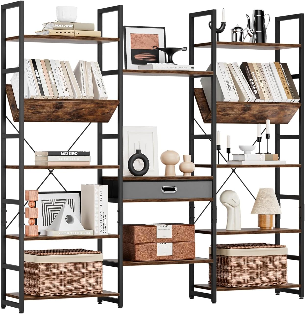 NUMENN Bookcases and Bookshelves Triple Wide 5 Tier Bookshelf, Large Etagere Bookshelf with Storage Drawer, Adjustable Open Display Shelves for Living Room Bedroom Home Office, Vintage Brown