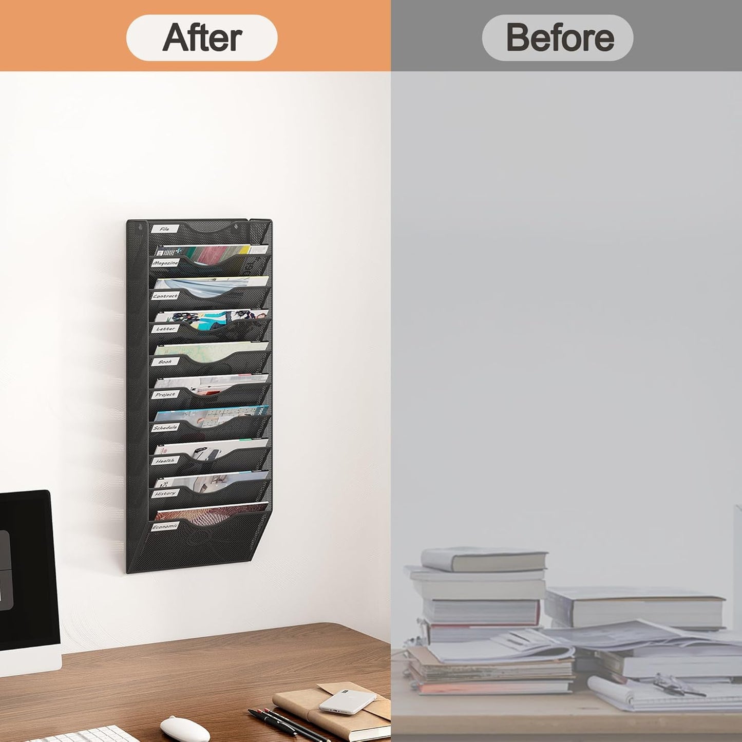 10 Tier Hanging Wall File Holder, Metal A4 Wall Mounted Document Holder, Vertical Hanging Mail Organiser, Magazine Storage Rack with Tray for Office Home Classroom, Black