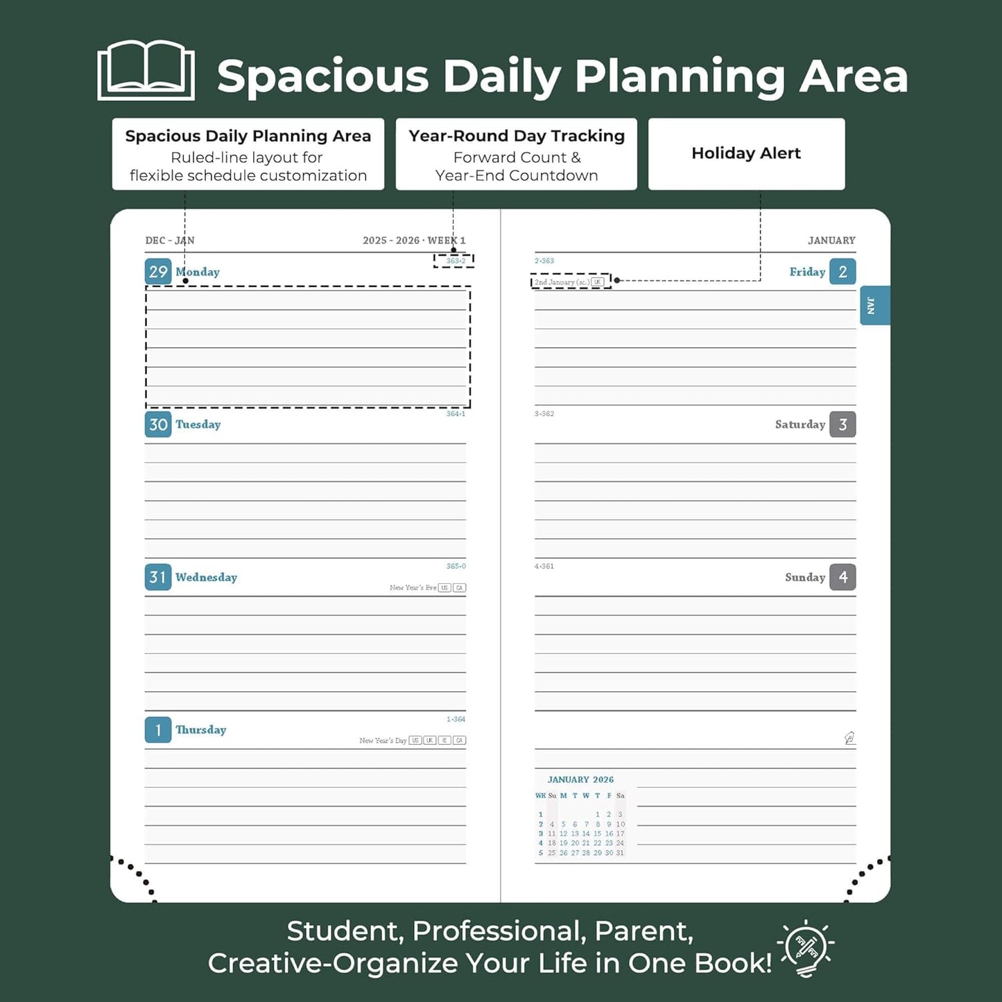 Planner 2026 Daily Weekly and Monthly,6.5"x3.75",12 Months Spiral Bound Calendar Agenda with Self-adhesive Pen Holder,2026 Appointment Book with Vegan Leather Soft Cover,Green