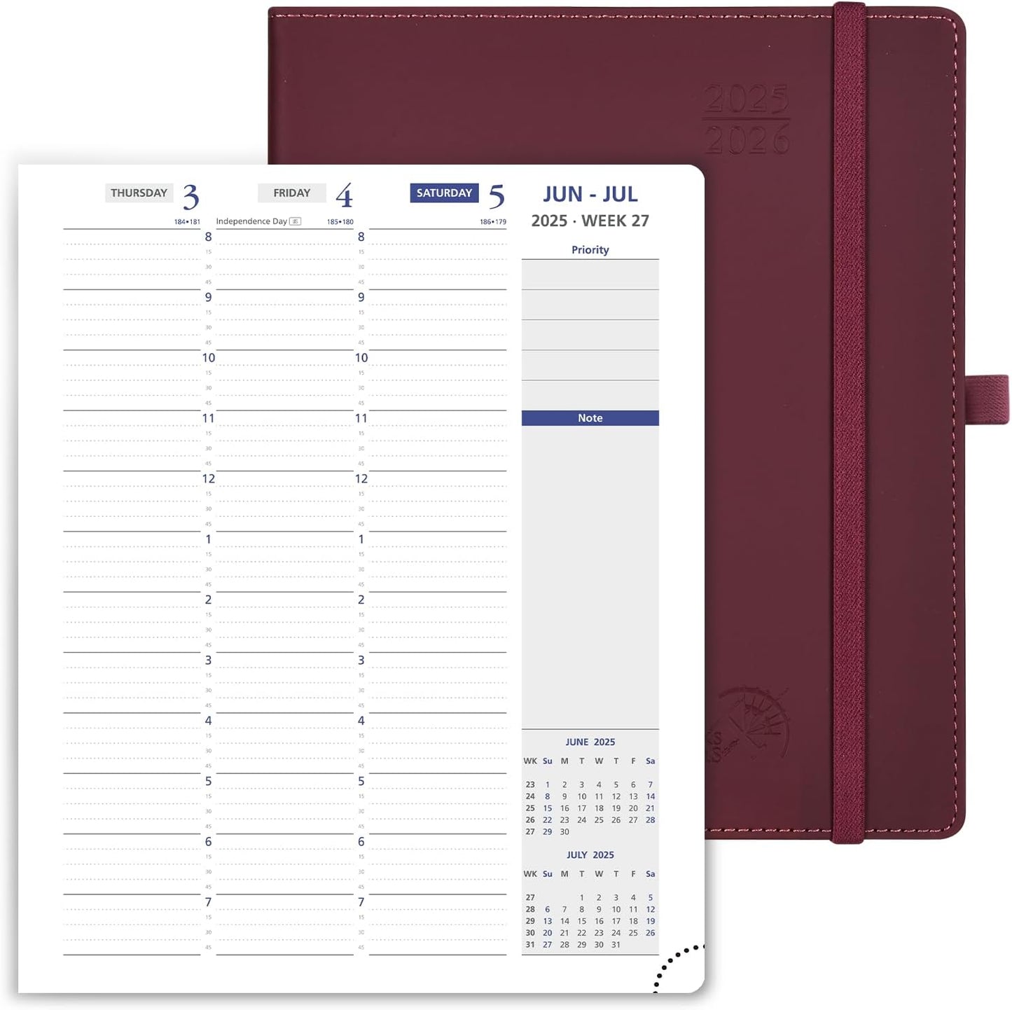 POPRUN Weekly Planner 2025-2026, 7.25'' x 8.5'', 15-Minute Hourly Appointment Book (July 2025-June 2026) with PU Leather Softcover, Monthly Tabs, Inner Pocket - Claret