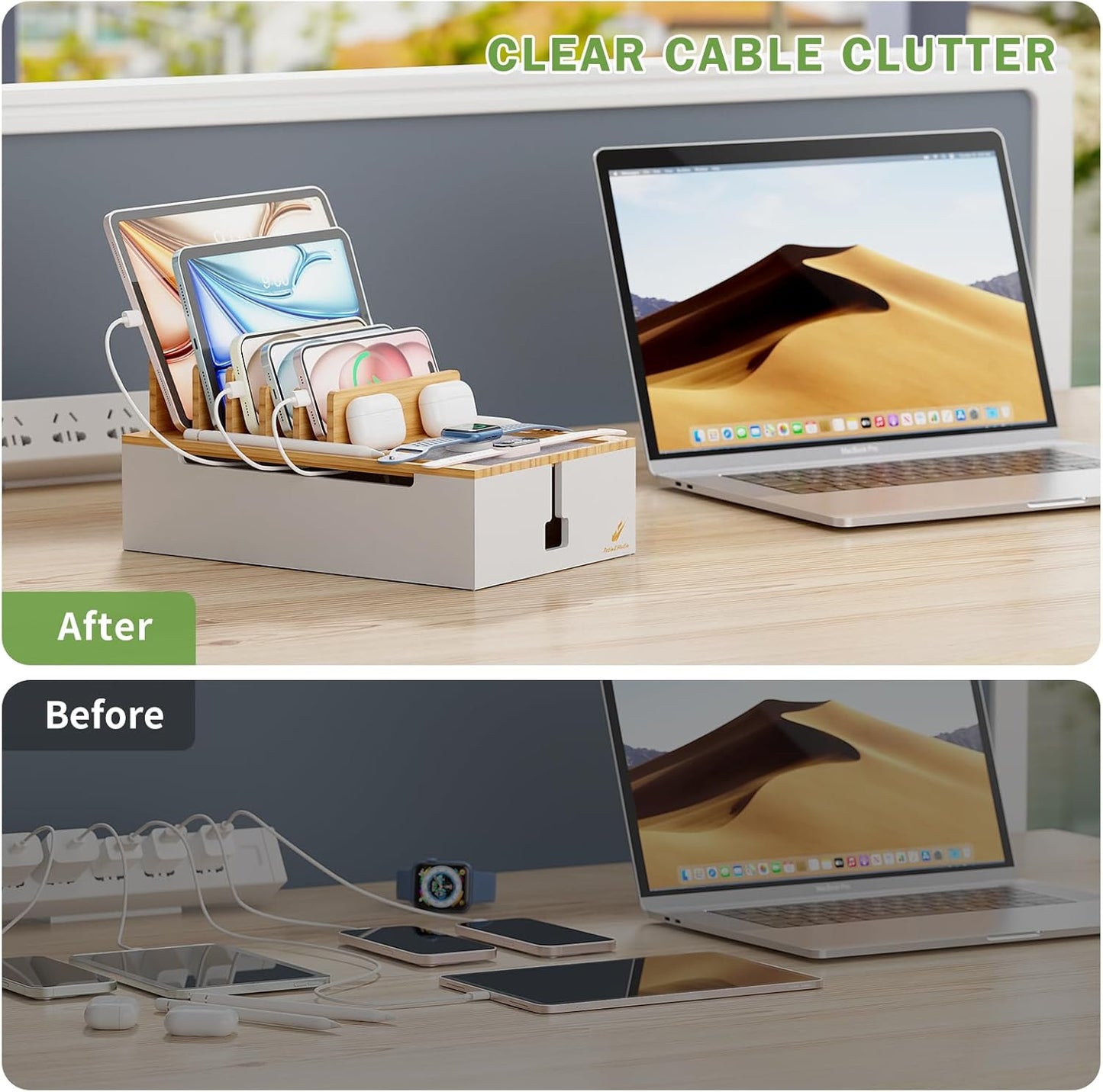 Pezin & Hulin Bamboo Charging Station for Multiple Devices, USB Charger Dock Organizer, with Power Supply (10 Ports HUB), 6 Cables, Cable Management Organizer for Cell Phones, Tablets -Natural+White