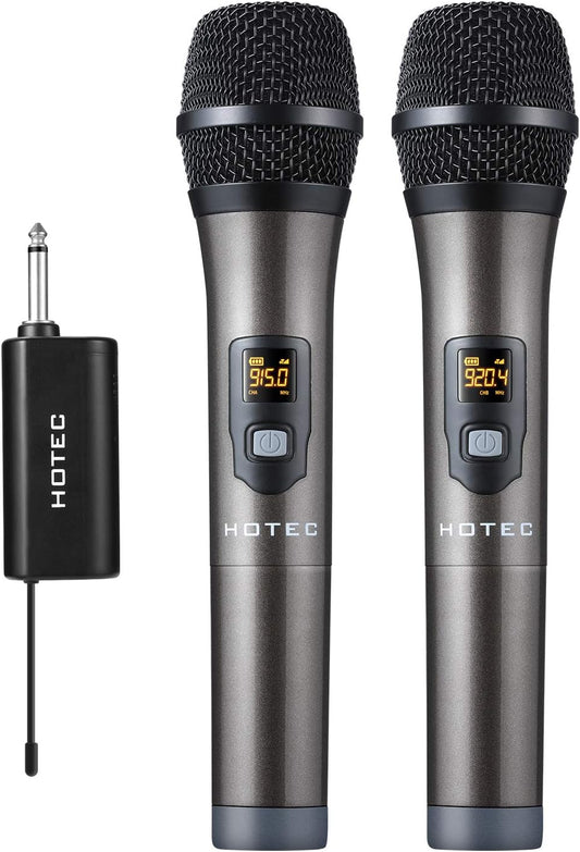 HOTEC UHF Wireless Dual Handheld Microphones with Rechargeable 1/4” Output Mini Portable Receiver for Live Performance Over PA, Mixer, Speaker (H-U26C)