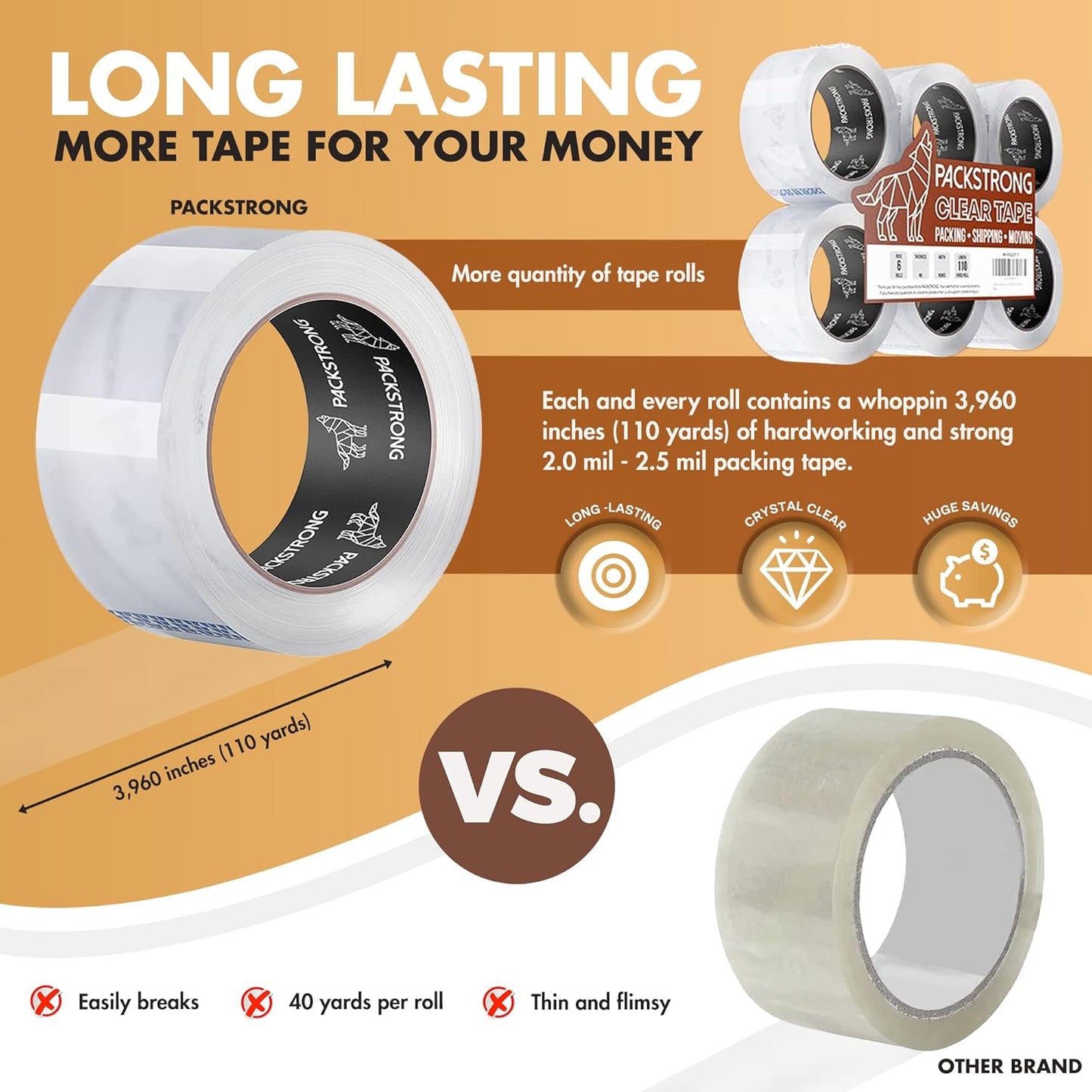 Packstrong Industrial Grade Clear Packing Tape 48 Rolls - 110 Yards per Roll - 3" Wide x 2.5 mil Thick, Acrylic Adhesive Heavy Duty Tape for Box Office Moving Packaging Shipping