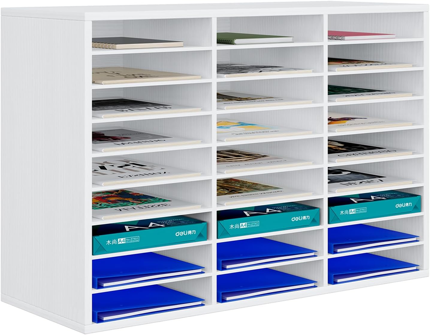 PAG Mail Sorter Organizer, Wood Literature Organizer, Student Mailbox for Classroom, Desktop Bill Paper Organizer for Office Home School, 27 Compartments, White