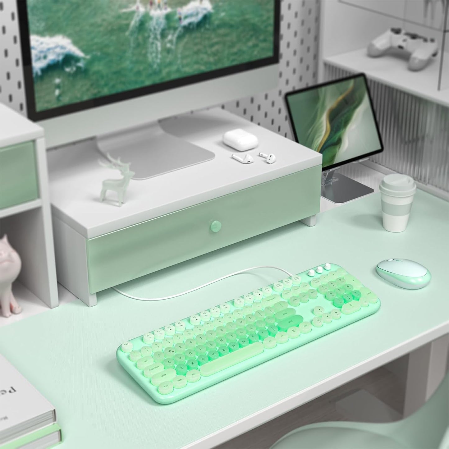 MOFII Backlit Keyboard Wired, Retro Typewriter Computer Keyboard with Numeric Keypad and Media, Cute Full Size USB Keyboard for Windows, Laptop, Desktop, PC (Green Colorful)