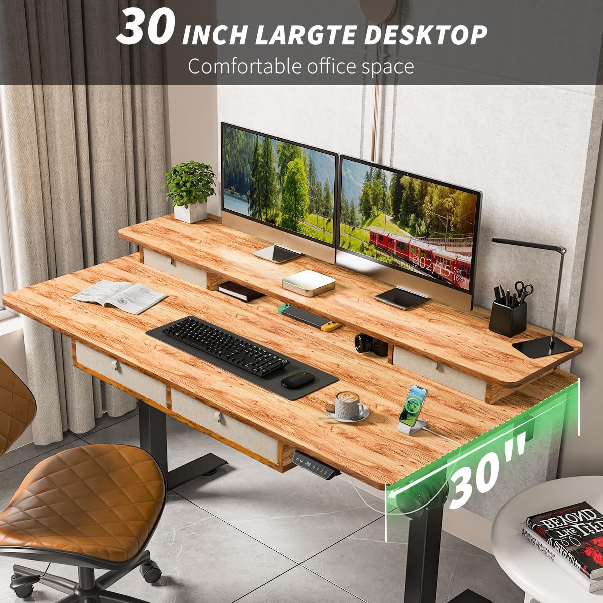 Standing Desk with Fast Charging USB Ports, 48" x 30" Height Adjustable Home Office & Gaming Desk, Sit Stand Desk with Built-in Storage Shelf, Hook & Ergonomic Design(Light Rustic)