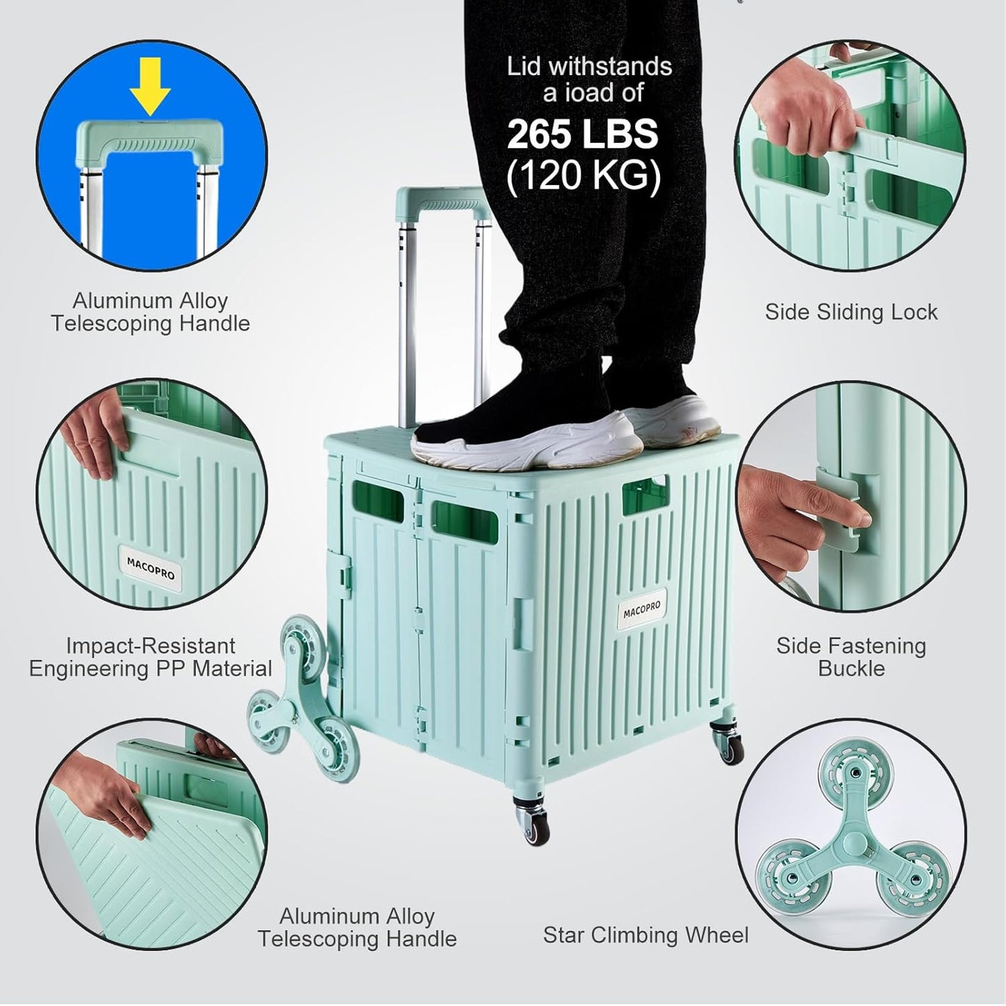 Foldable Utility Cart with Stair Climbing Wheels, Collapsible Rolling Crate with Telescoping Handle, Shopping Trolle Handcart Grocery Book File Tool Art Supplies Teacher Storage Basket(Green)