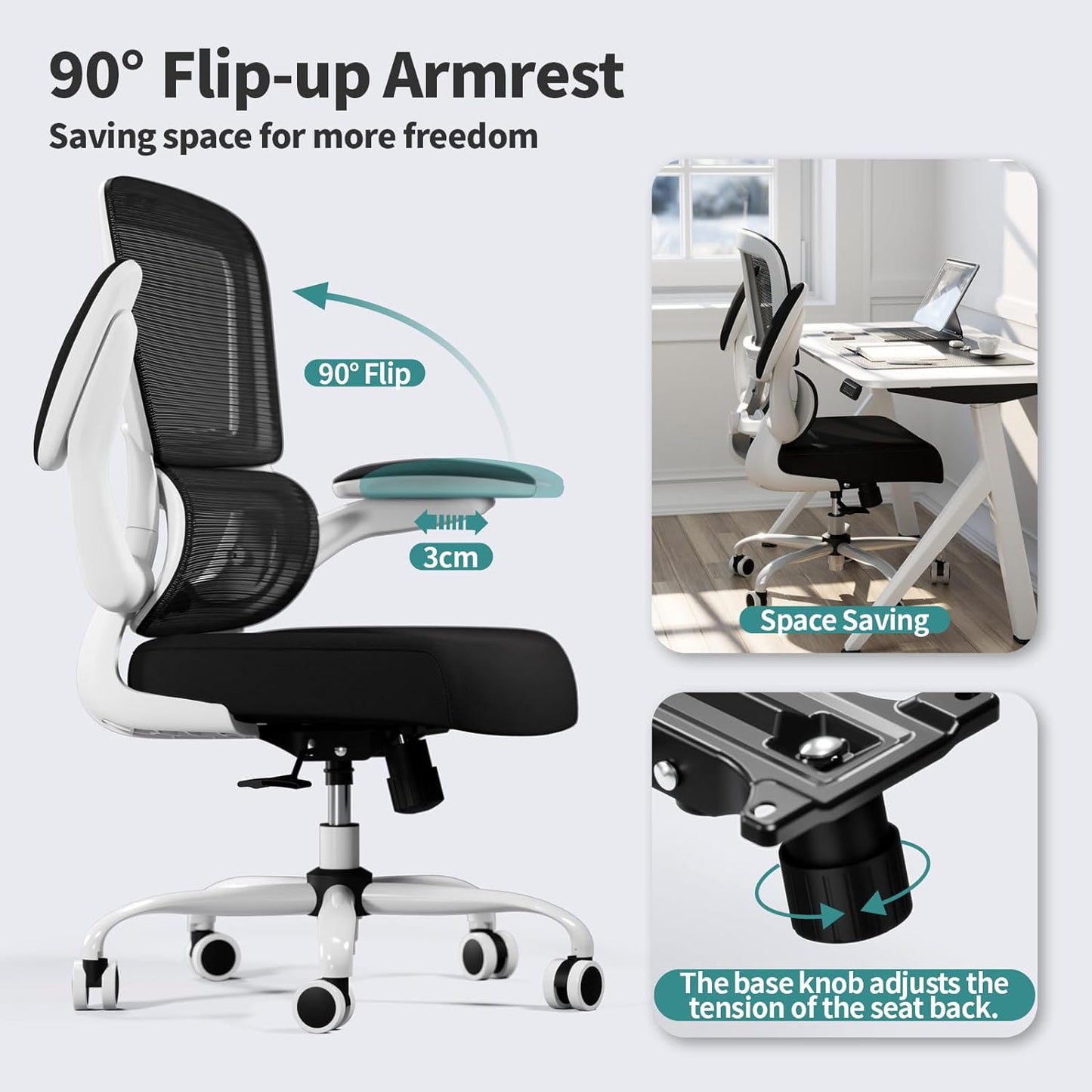 TRALT Office Chair - Ergonomic Desk Chair with Adjustable Lumbar Support, Mesh Computer Chair, Executive Chairs for Home Office Comfortable Lumbar Support (White+Black)