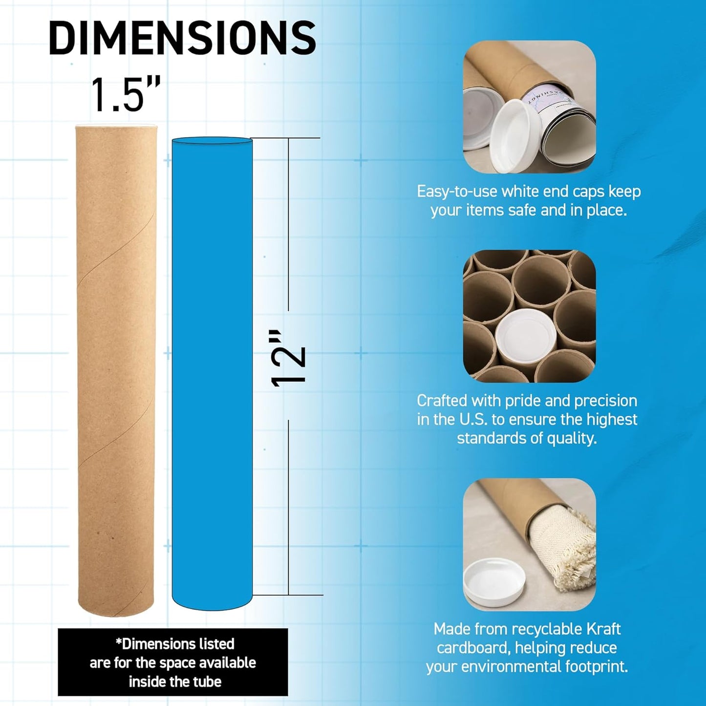 MagicWater Supply Mailing Tube - 1.5 in x 12 in - Kraft - 6 Pack - for Shipping and Storage of Posters, Arts, Crafts, and Documents
