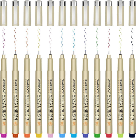 01 Micro Pen, 12 Colors Fine Point Pen, 0.25mm Fineliner Ink Pens for Artist Illustration, Waterproof Archival Ink, Sketching, Anime, Manga, Technical Drawing and Scrapbooking