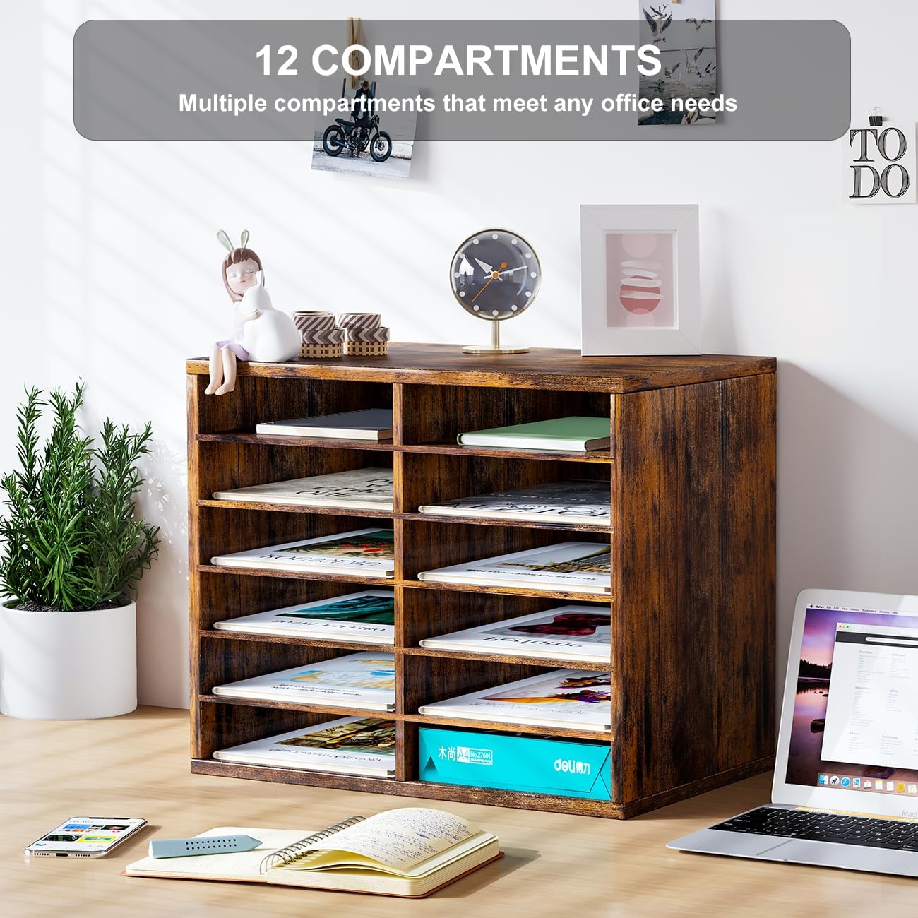 PAG Countertop Mail Sorter Organizer, Wooden Literature Organizer, Student Mailbox for Classroom, Desktop Bill Organizer for Office Home School, 12 Compartments, Antique Brown