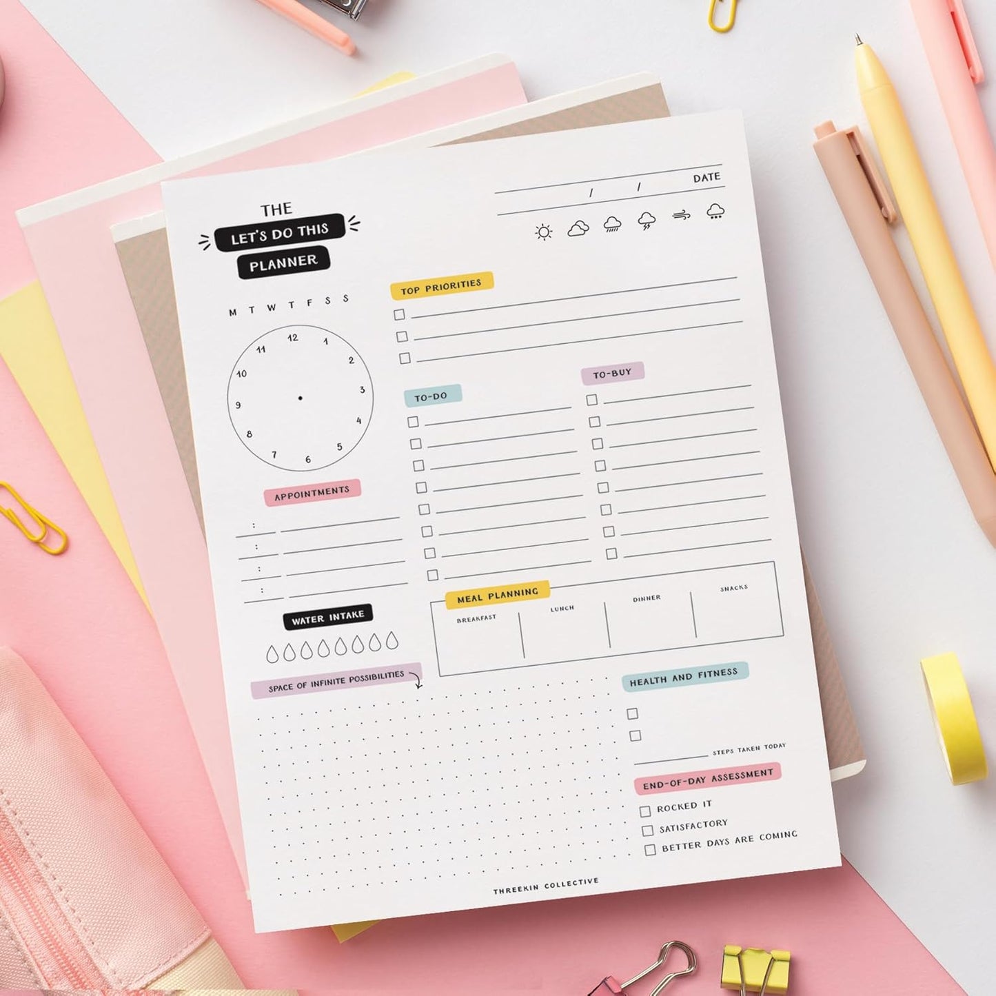 ThreeKin Let's Do This Daily Planner - 8.5"x11", 50 Tear-Off Sheets, Motivational Design, Goal Setting, Time Management, To-Do Lists, Productivity Organizer, Perfect for Home, Office, Students, Work