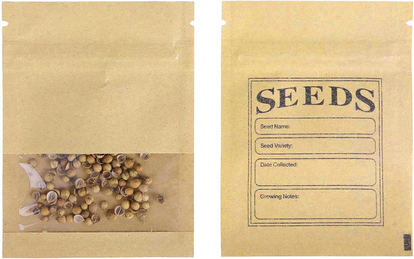 500 Pack Clear Window Small Resealable Seeds Packets Coin Envelopes 2.75x3.74 inch Brown Kraft Paper Sample Bag with Preprinted Seed Collecting Template for Seed Storage Organizer