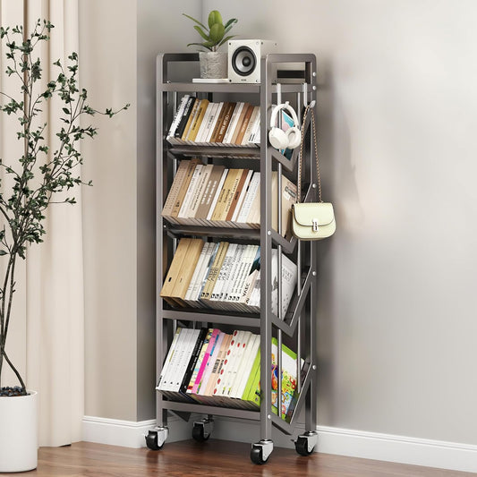 Bookshelf Movable Book Cart Multi-Layer Storage Rack Large-Capacity Rolling Cart L-Shaped Carbon Steel Shelf Suitable for Storing Books, Magazines, Newspapers, Shoes