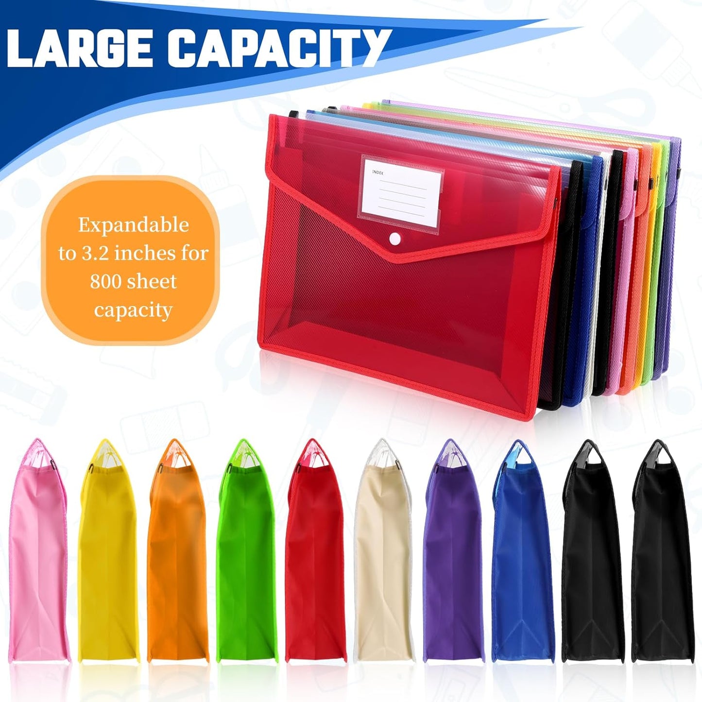 10 Pcs Expanding File Folder, Clear Waterproof Plastic Document Folders Large Size Transparent Document Holder Box Receipt Filing Organizer - 9 Colors