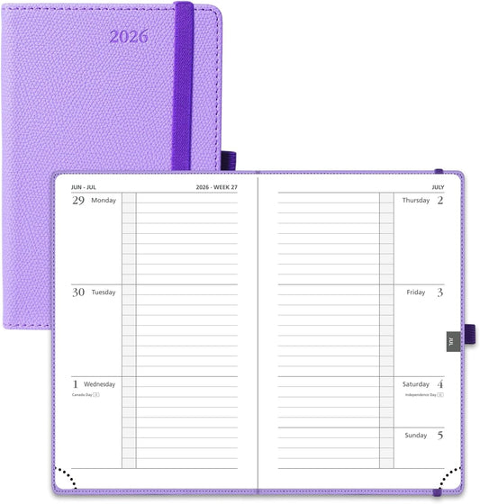 POPRUN Weekly Planner 2026 Calendar (Pocket 4'' x 6.25'') 12 Months Notebook with Horizontal Layout, Leather Hardcover, Inner Pocket, 100GSM Thick Paper, Pen Holder TJ - Lavender