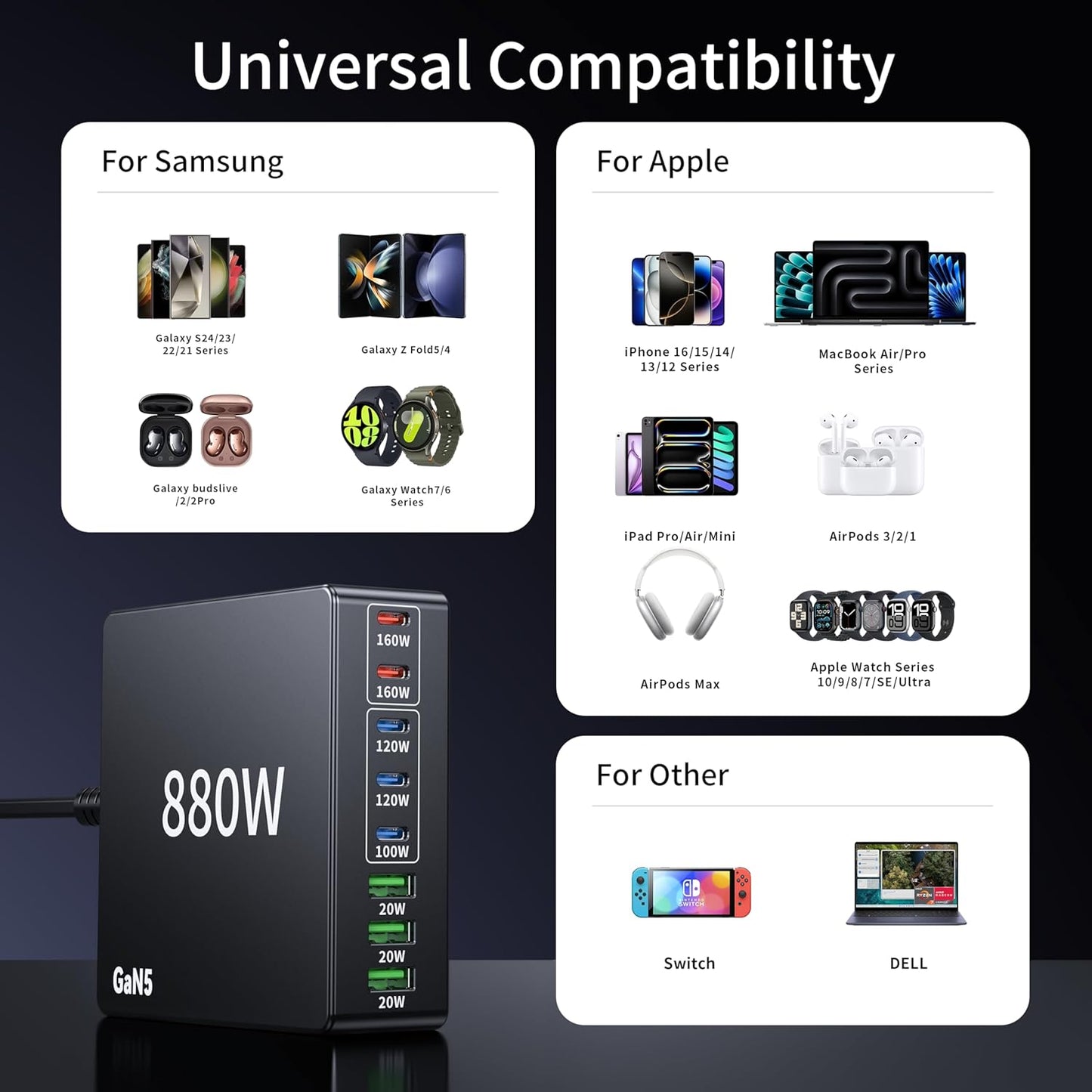 880W USB C Charger Block Charging Station 8 Port Fast Chager 140W PD PPS HUB Laptop MacBook Charger Compatible with All iPhone 17 Pro Max/17 Air/16 SE/Samsung Galaxy 25/ MacBook Pro/Air/iPad Pro