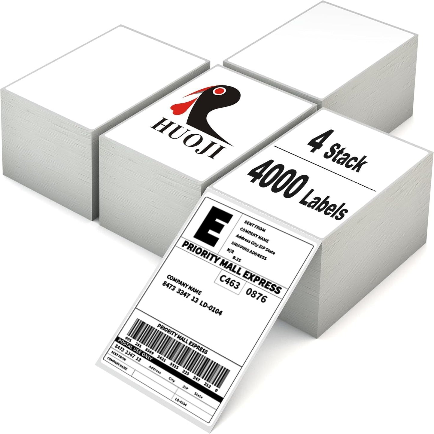 HUOJI 4x6 Direct Thermal Shipping Labels, 4 Stacks 4000 Labels, Fanfold, Compatible with Rollo, Zebra, MUNBYN Printers(Commercial Grade)