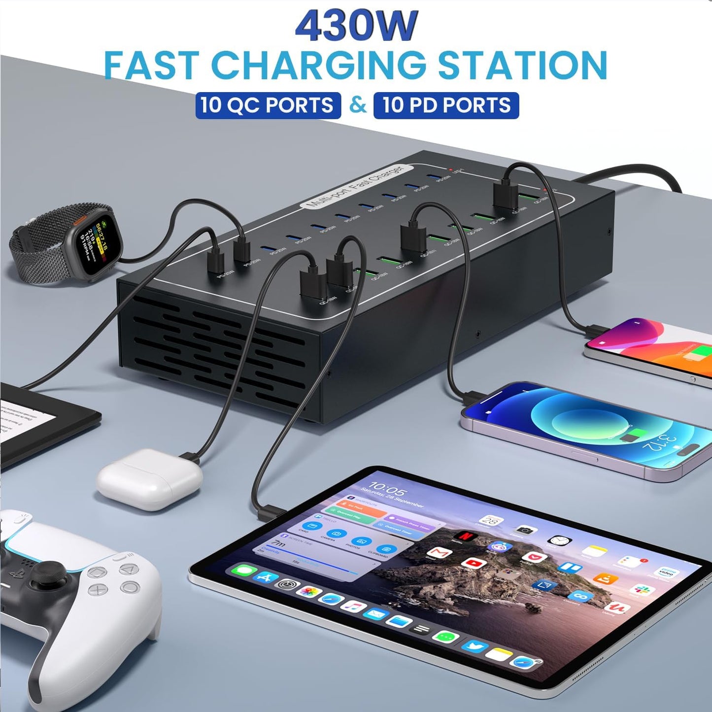 Fast USB Charging Station, 430W 20 Port (10 PD+10 QC) USB C Fast Charging Station for Multiple Devices, Power Charger Block with Intelligent Protection for iPhone iPad Cell Phone Tablet
