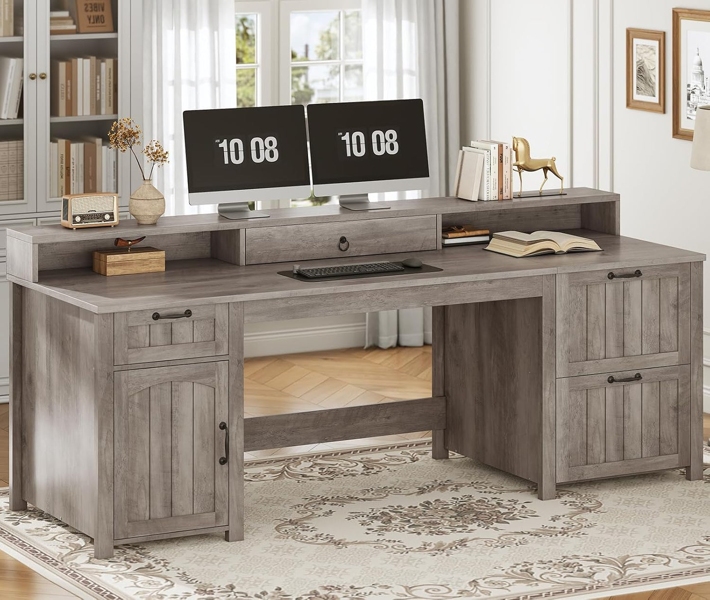 SEDETA Farmhouse 63" Executive Desk, Wood Computer Desk with Drawers and Storage Cabinet, Home Office Desk with File Drawer and Monitor Stand, Wood Desk for Work Study Writing, Grey