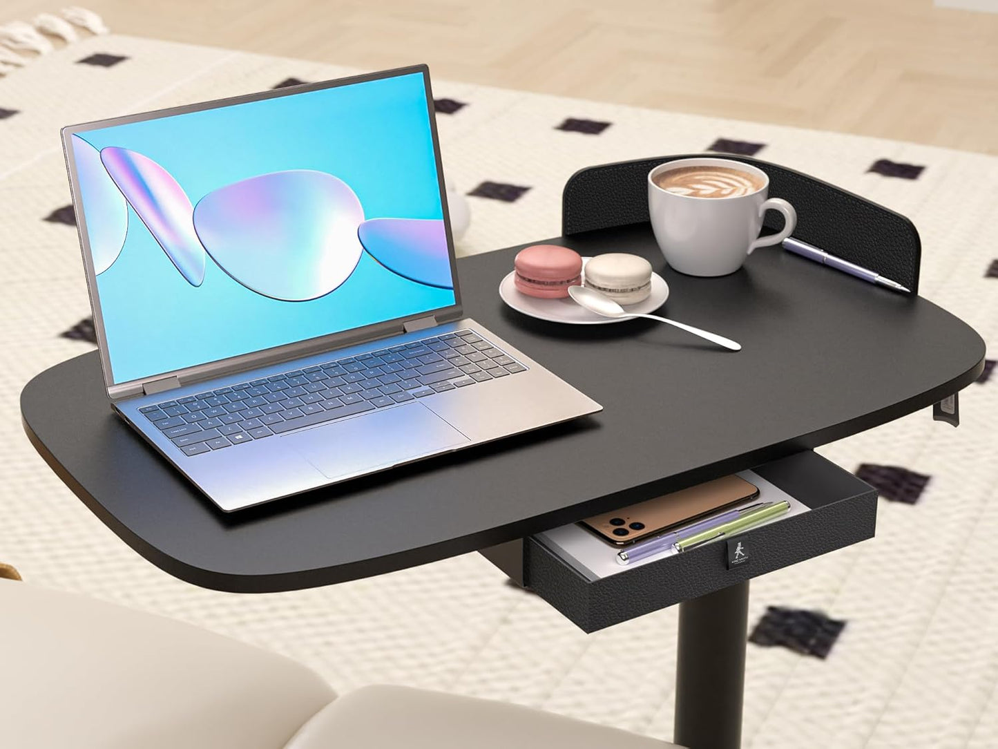 Rolling Adjustable Height Desk with Drawer and Wheels, Portable Small Standing Desk Pneumatic for Home Office, Mobile Computer Laptop Cart, Medical Sofa Overbed Table, Black