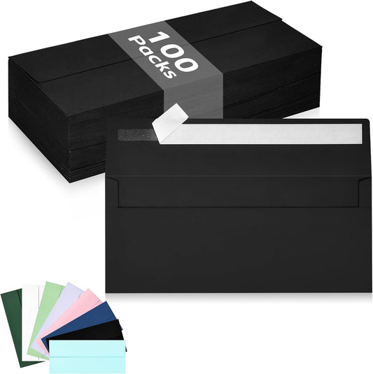 100 Pack #10 Business Envelopes, Black Standard Envelopes Self Seal, Letter Size Business Mailing Envelopes for Checks Letters Invoices Statements Birthday Graduation Wedding,4 1/8 x 9 1/2 Inch