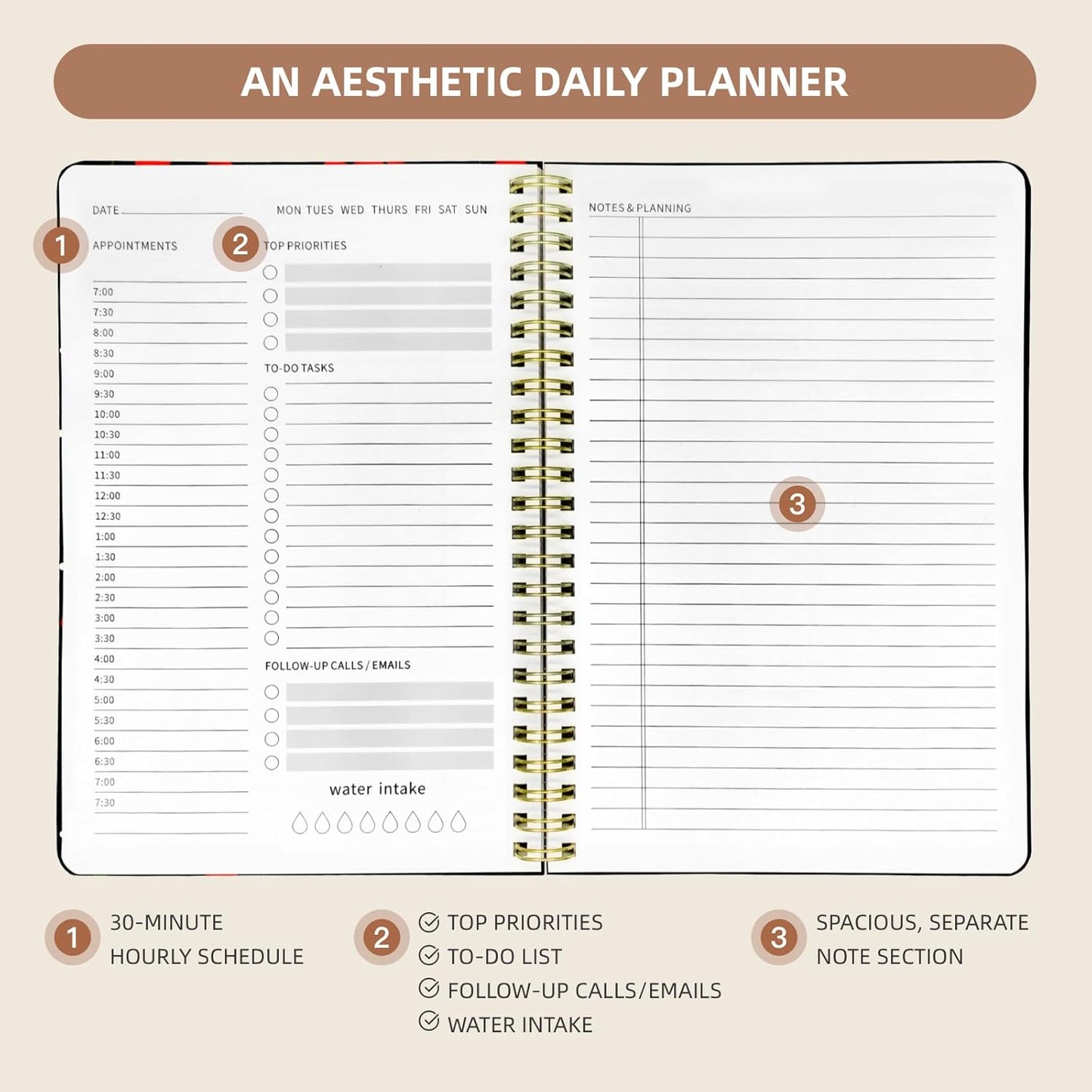 Undated Daily Planner - Spiral Notebook 80 Days One Day Per Page, Hourly Schedule, To-Do List, Notes, Everyday Planning Task, A5 Hardcover Journal Organizer Book Women Cute Aesthetic, Cherry