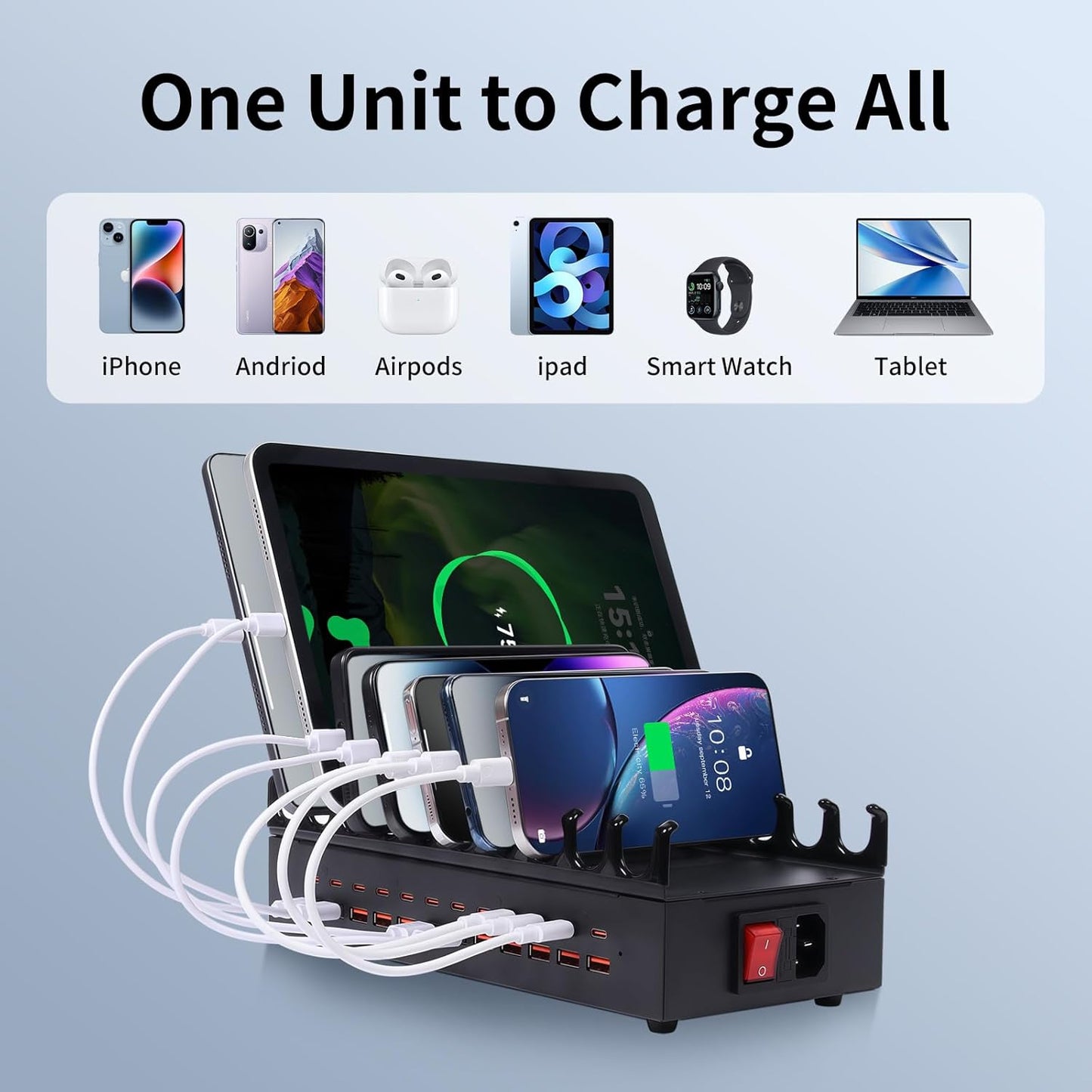 300W Charging Station for Multiple Devices - 24 Ports USB Fast Charging Station with Smart Power Delivery - Kindle, Phone, Tablet Charger Station for Home, Office, School