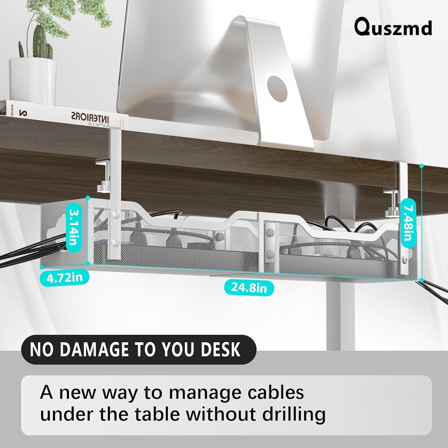 Under Desk Cable Management Tray 24.8", Quszmd Cable Organizer No Drill, Standing Cord Organizer and Wire Management Tray - No Damage to Desk, White