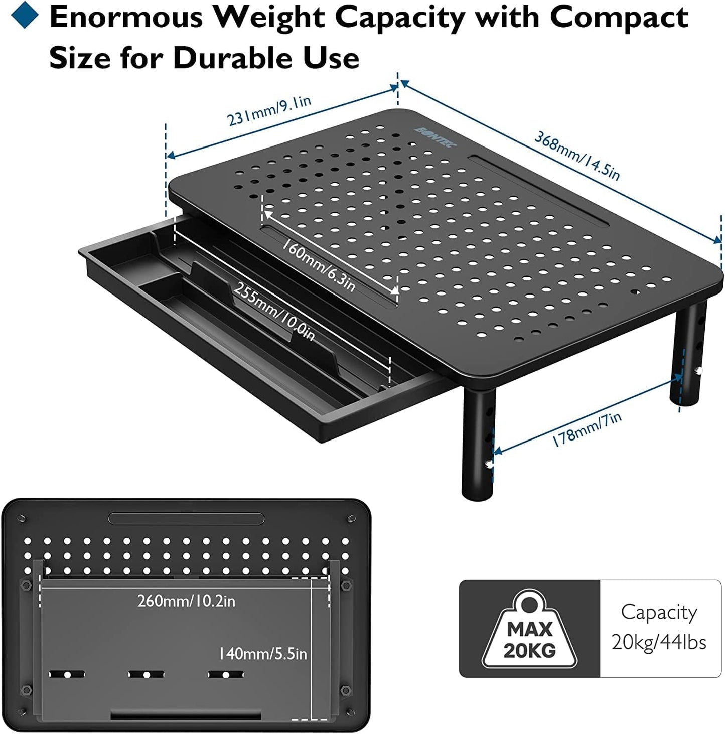 BONTEC 2 Pack Adjustable Monitor Stand Riser with Drawer, Ergonomic Mesh Platform Computer Monitor Stand for Desk, Ventilated Laptop and PC Stand with Cable Management, Supports up to 44lbs