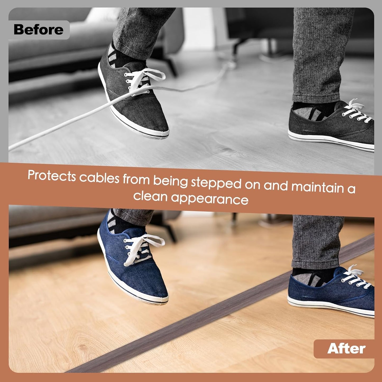 Floor Cord Cover for Wires on Floor Self Adhesive Cord Hider Floor Cable Management Wire Covers for Cords Protector Prevent Cable Trips Cord Cavity W 0.32" x H 0.32", Grayish Brown Wood, 3.3Ft