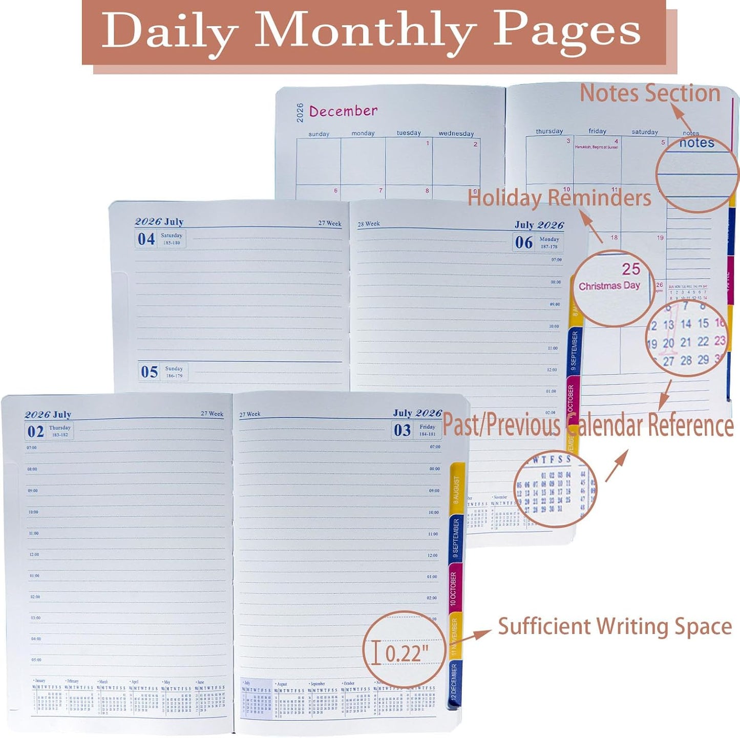 2026 Daily Monthly Planner - Calendar, January - December 2026, 100GSM Thick Paper, Leather Cover, Planner with Hourly Schedule,6.1" x 8.2", Daily Inside Page - Monthly Inside Page, Pen Holder, Bookmarks (Pink)