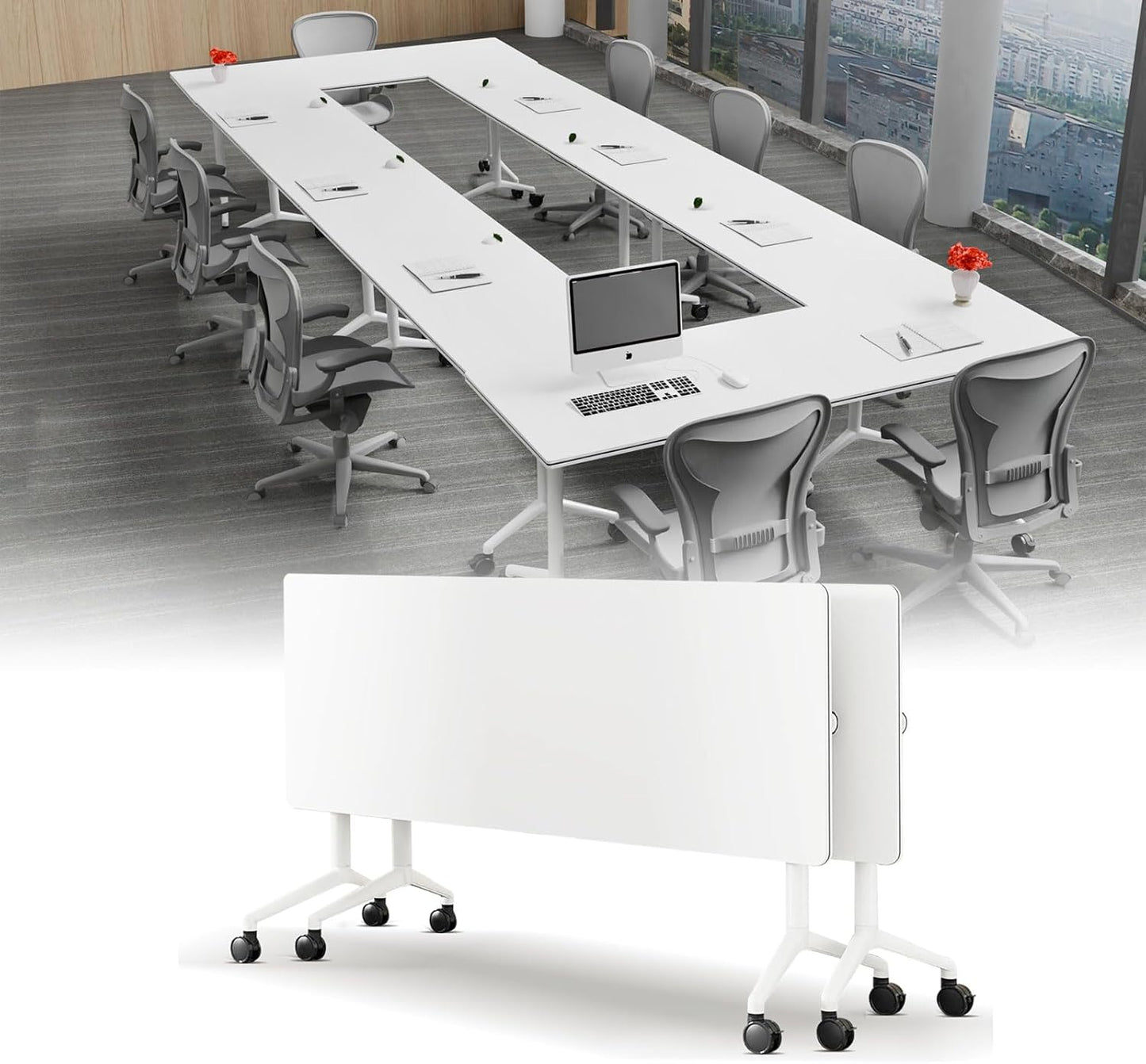 Conference Table, Folding Conference Desk Modern White, Seminar Table with Wheels, 2-10 People for Office, Meeting Break Room (2, 1915, 47IN)