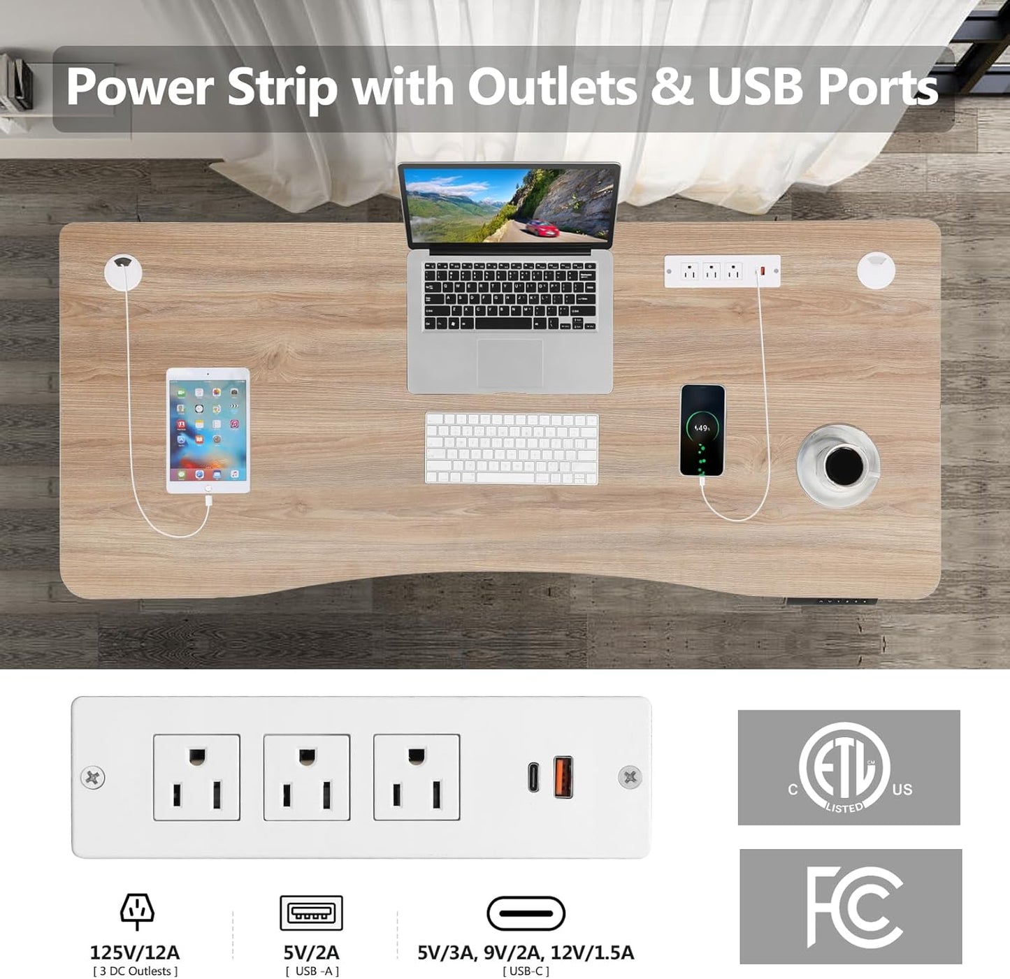 Electric Standing Desk 55 x 24 Inches Adjustable Height Ergonomic Sit Stand Up Desk Curved for Home Office Computer Workstation with 2 USB Ports 3 Power Outlets Memory Preset Wheels, Oak