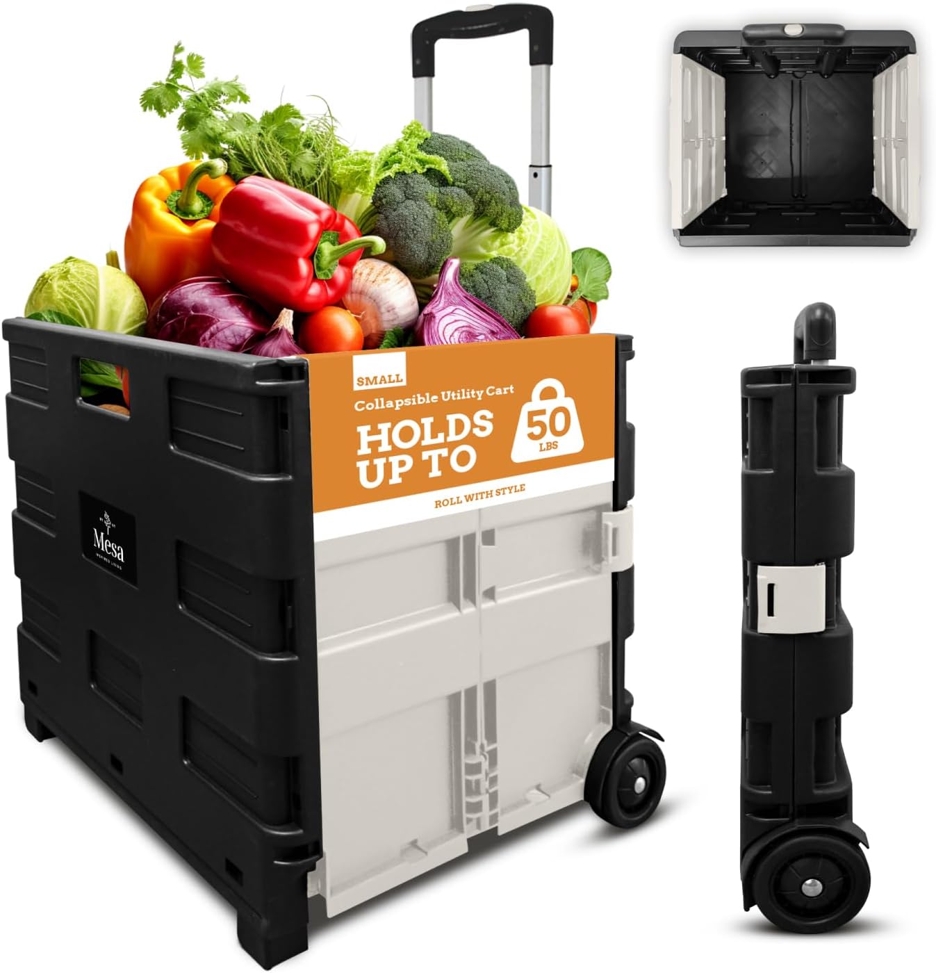 Inspired Living Ultra-Slim Rolling Collapsible Storage Pack-N-Roll Utility-carts, with Telescopic Handle, for Home, Garden, Shopping, Office, School use, Medium, White & Black