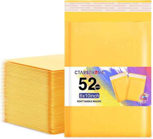 52Pack Yellow 6x10inch Kraft Bubble Mailers Small Business Mailing Packages Self-Sealing Paper Envelopes, Mailer Shipping Padded Envelopes with Strong Adhesion for Jewelry Makeup Supplies