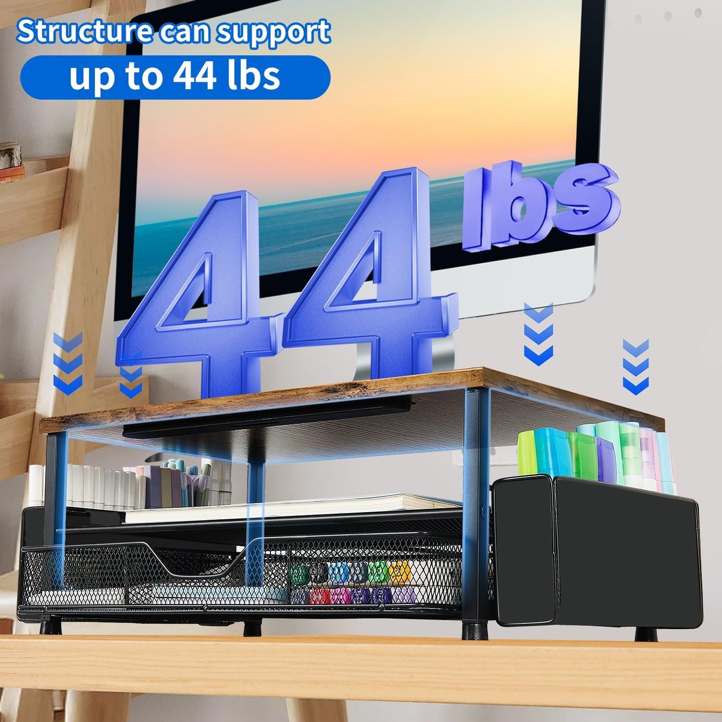 Wood Desk Organizers and Accessories, 2-Tier Computer Monitor Stand Riser with Drawer, Pen Storage & Phone Holder, Office Desk Accessories, Workspace Desktop Organization for Office Supplies（Brown）