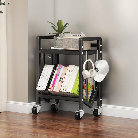Bookshelf Movable Book Cart Multi-Layer Storage Rack Large-Capacity Rolling Cart L-Shaped Carbon Steel Shelf Suitable for Storing Books, Magazines, Newspapers, Shoes