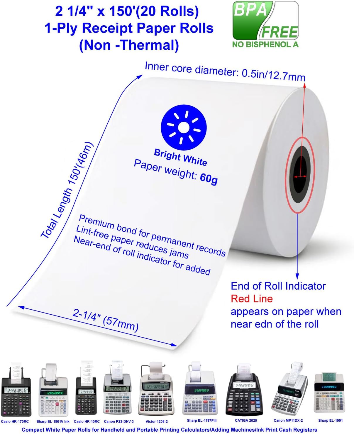 (20 Rolls)2 1/4 in x 150 ft Adding Machine Tape Paper Rolls, for HR-10RC, HR-170RC, HR-200RC, EL-1197PIII, EL-1801V, P23-DHV-3, CP-90A, MP11DX-2, 1280-2, 80 GSM,3000Labels Direct