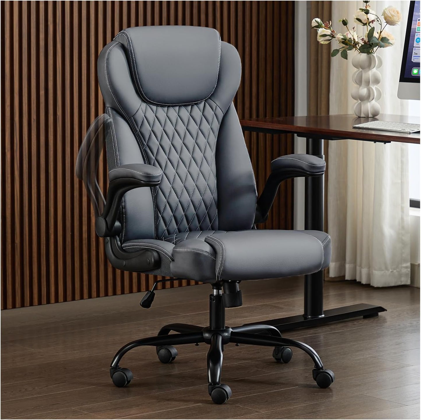 Office Chair, Executive Leather Chair Home Office Desk Chairs, Ergonomic Computer Desk Chair with Adjustable Flip-Up Arms, Lumbar Support Swivel Task Chair with Rocking Function (Gray)