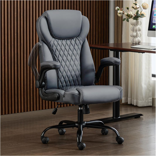 Office Chair, Executive Leather Chair Home Office Desk Chairs, Ergonomic Computer Desk Chair with Adjustable Flip-Up Arms, Lumbar Support Swivel Task Chair with Rocking Function (Gray)