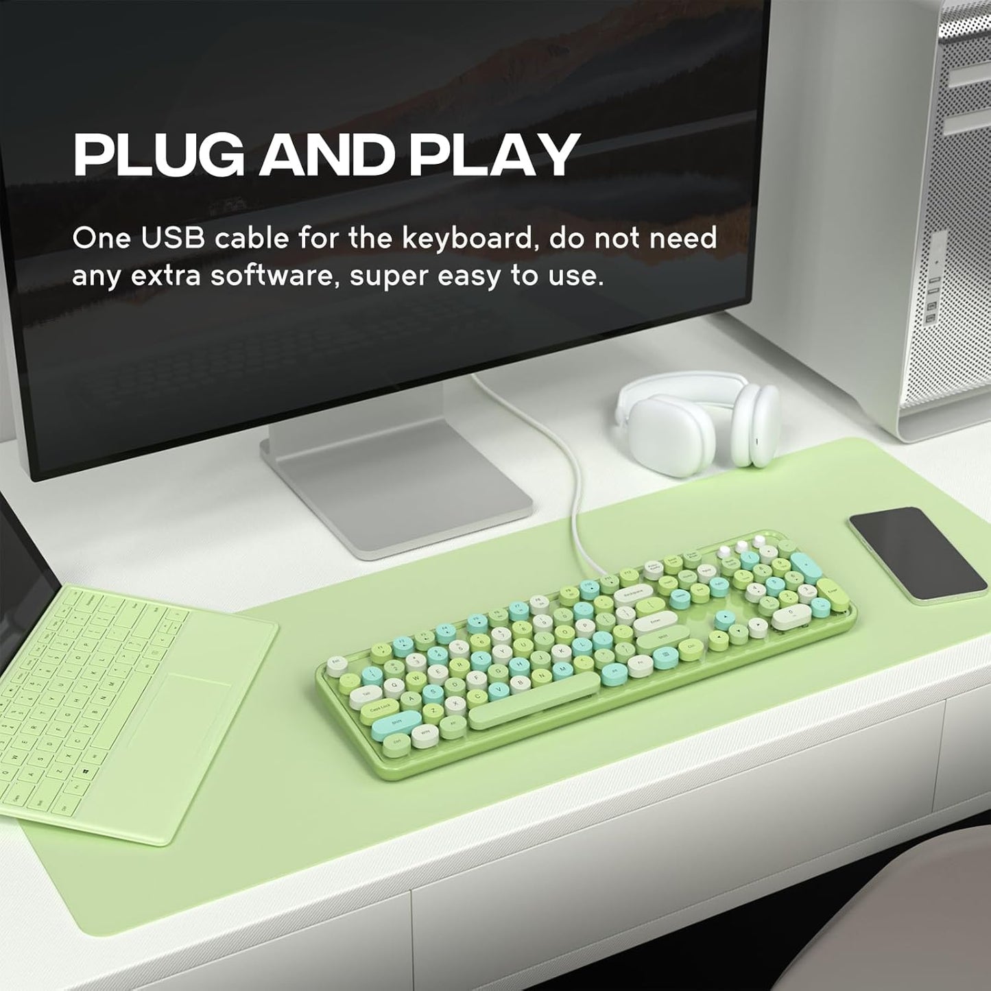 Computer Keyboard Wired, Typewriter Style, Plug Play USB Keyboard with Large Number Pad, Caps Indicators, Foldable Stands, Full Size Wired Keyboard for Windows PC Laptop (Green Colorful)