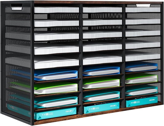 PAG Mass Mail Sorter - Adjustable Mail Holder, Countertop Literature Organizer, Student Mailbox for Classroom, Desktop Bill Paper Organizer for Office & Home, 27 Compartments, Brown