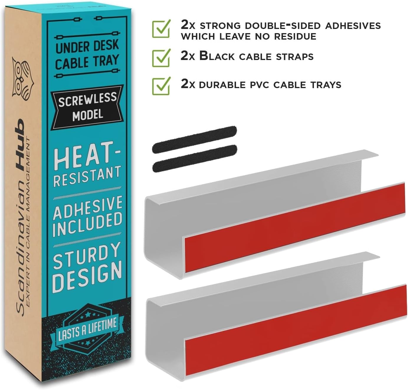 No-Screw Under Desk Cable Management Tray - Self-Adhesive Installation, Cord Management, Cable Tray, Under Desk Wire Organizer - White Set of 2