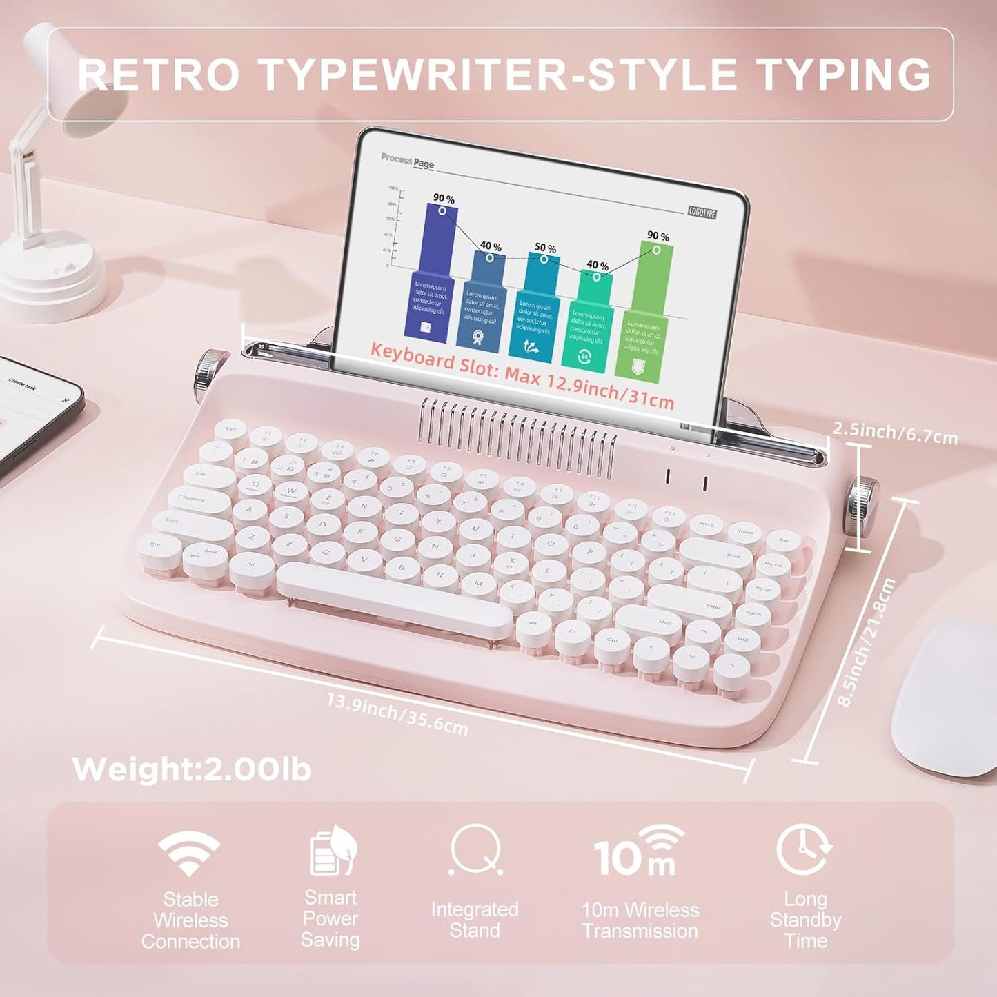 YUNZII ACTTO B303 Wireless Typewriter Keyboard, Bluetooth Connection, Cute Retro Aesthetic Design with Integrated Stand for Tablet, Phone, PC and Win/Mac/Android(B303, Baby Pink)