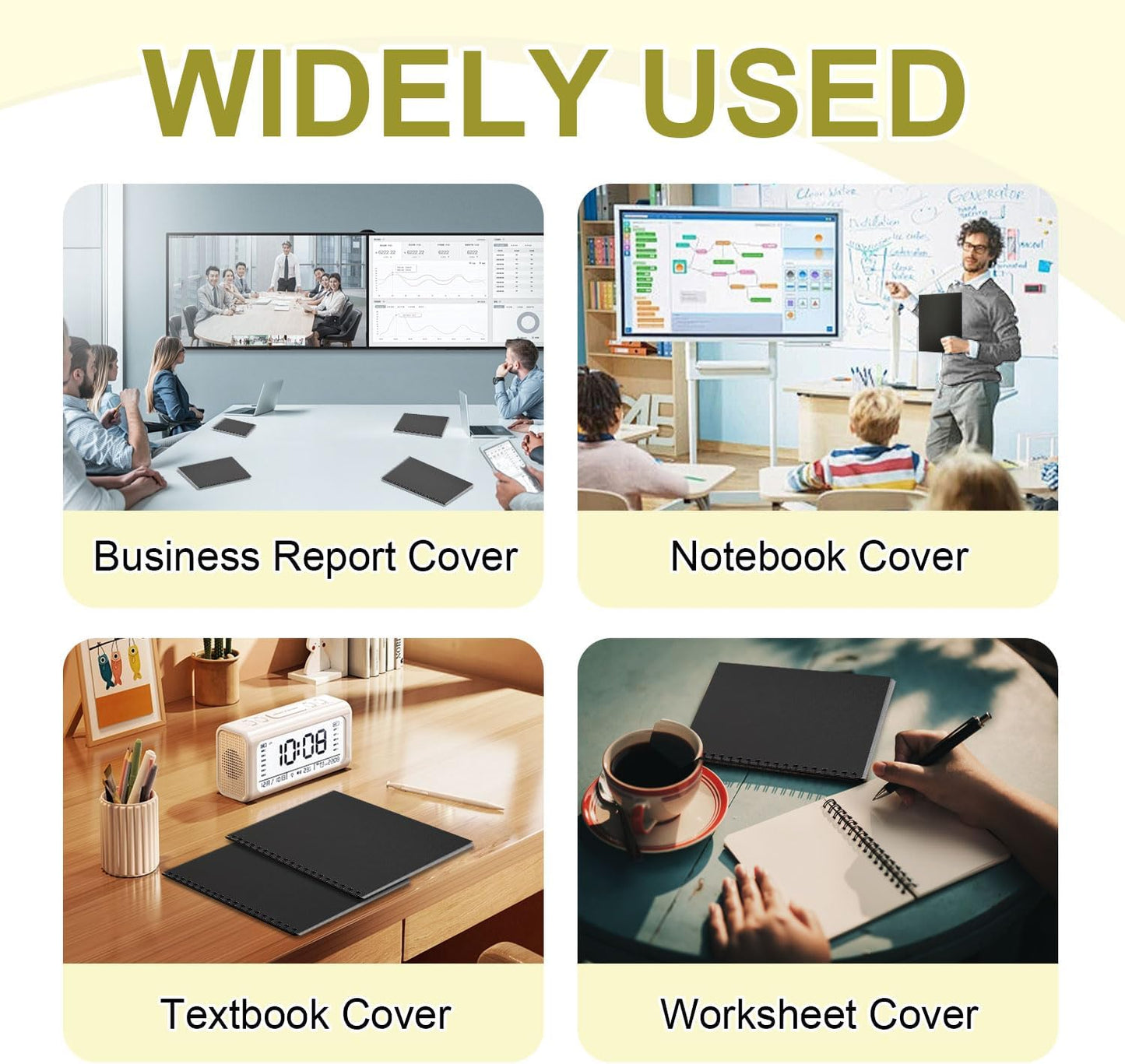 HOUYEE 200 Pack 16 Mil Poly Binding Covers,Sand Texture Binding Presentation Covers,8.5x11 Inches,Letter Size,Black,Square Corners,Un-Punched