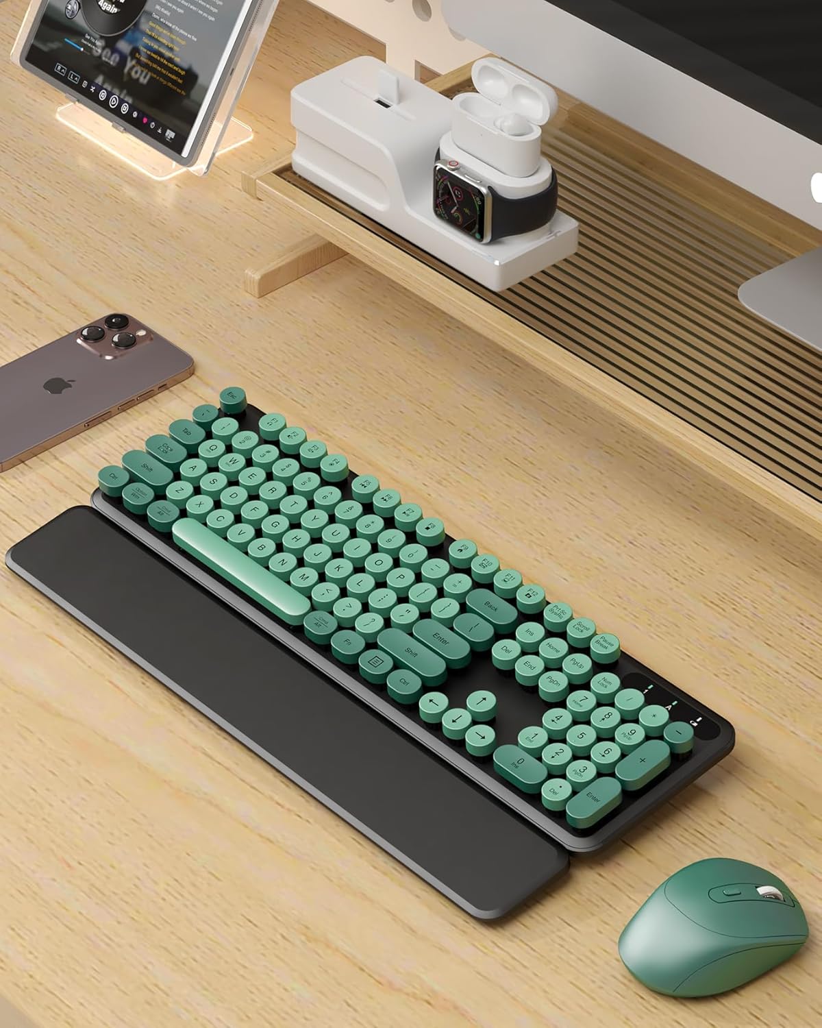 Wireless Keyboard and Mouse Combo - Cute Typewriter Keyboard with Detachable Wrist Rest, Retro Round Keycaps, Foldable Legs, 2.4GHz Keyboards for PC Laptop, Mac, Windows - Trueque (Black and Green)