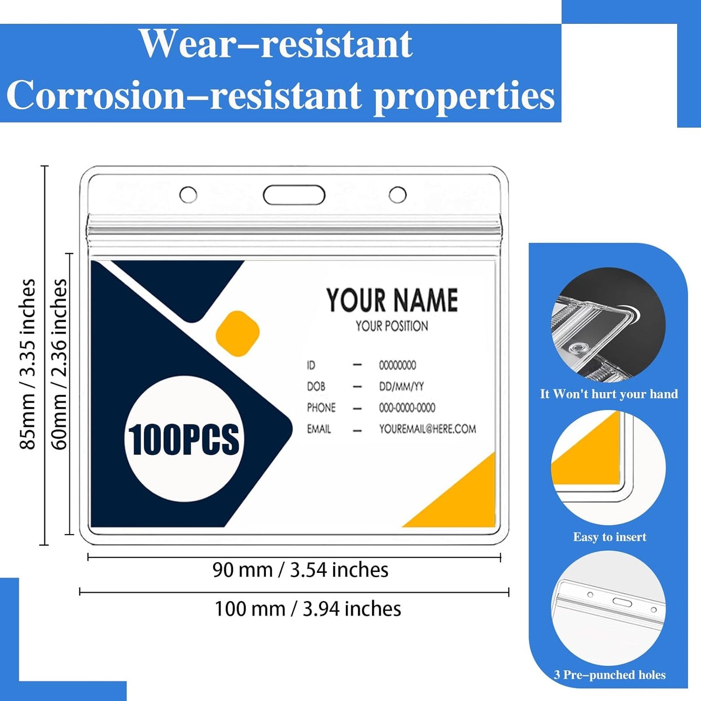 Horizontal Badge Holder, Extra Thick ID Card Name Badge Holder, Name tag Holder with Waterproof Type Resealable Zip (100 Pcs)